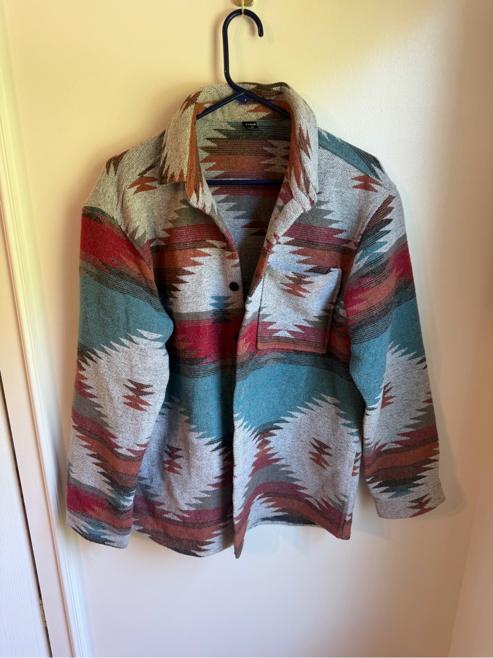 SHEIN Southwestern Button-Up Utility Jacket - Teal, Rust & Gray